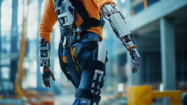 An advanced robotic exoskeleton assisting a worker in a high-tech construction site, clean and innovative environment with a focus on enhancing human capability, Construction style