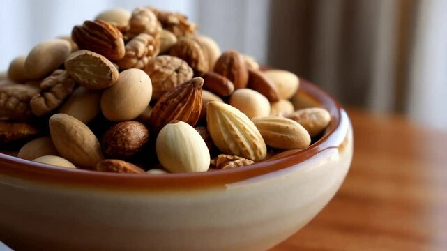 Close-up of assorted nuts in ceramic bowl on wooden table
