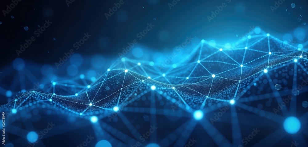 Poster abstract digital network illustration shows complex connections, nodes. blue lines, luminous points 