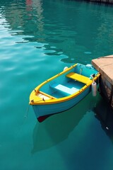 Obraz premium A bright turquoise, blue, and yellow boat rests against the dock as ripples spread on the water, turquoise, reflection, harbor
