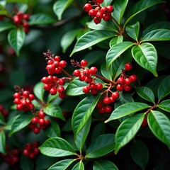 Dense forest foliage with red schisandra berries and leaves, flora, nature