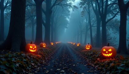 Foggy forest path with glowing jack-o-lanterns on trees, misty, tree, forest