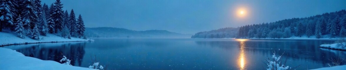 A frozen lake in winter with a full moon reflected, reflective ice, frozen water body, winter landscape