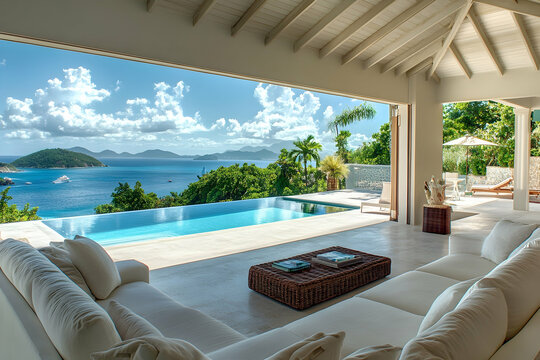 Fototapeta Opulent Open Living Area with Breathtaking Pool and Tranquil Ocean Views-