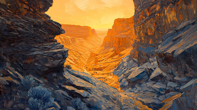 A landscape moment of a sunlit canyon with intricate rock formations , imagine oil painting, impressionist style, landscape, golden hour. Frosted Canyon. Illustration