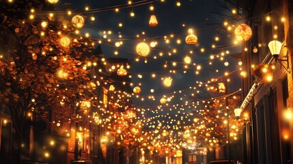Golden fairy lights strung across a city street at night, highly detailed, vibrant and festive, glowing and inviting, warm and charming atmosphere