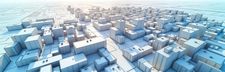 Digital illustration of imaginary city map. Geometric shapes represent buildings in city. Roads, land parcels displayed. Urban design, city planning highlighted. Concept for web banner urban