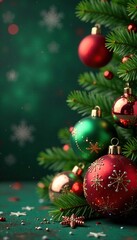 Obraz premium Christmas background with shiny red balls and green glass ornaments, merry, snowflake, garland