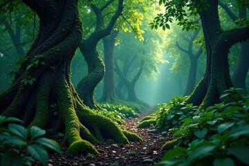 Fototapeta premium Dark forest with twisted tree trunks and vines, greenery, vines, nature