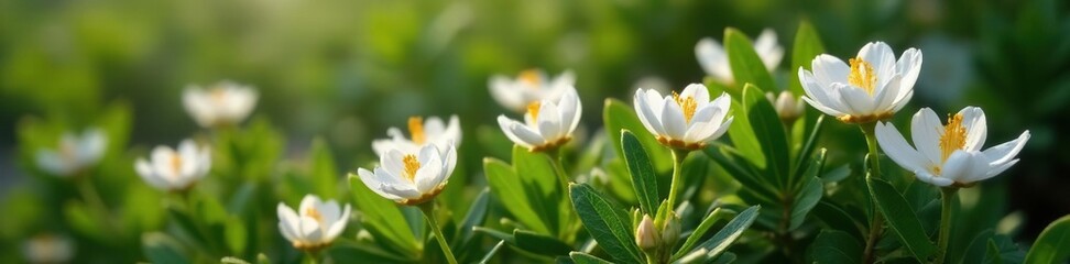 Fototapeta premium Delicate white acacia flowers amidst green foliage, desert bloom, nature