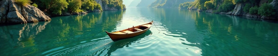 Naklejka premium A small wooden boat gliding on the calm river surface, Wooden, Vessel