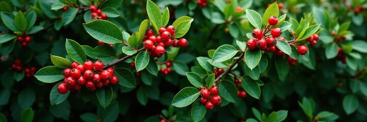 Obraz premium Bush covered in green leaves with ripe red berries, tree, wild, woodland