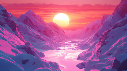 Breathtaking frozen wilderness landscape with dramatic sunset skies. Frosted Canyon. Illustration