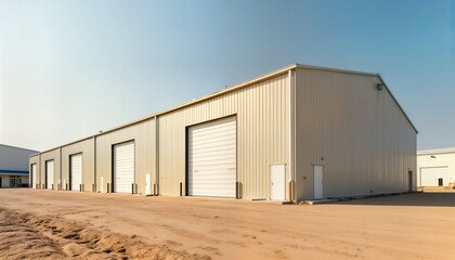Beige modular industrial warehouse tent with large white sectional doors. Empty warehouse area on a sunny day. Construction site with dirt floor. Modern industrial building design.