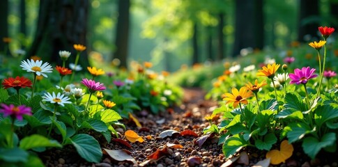 Forest floor carpeted with colorful wildflowers and leaves, , forest floor, nature