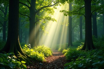 Gentle light spreads across the forest canopy, leaves, shadows