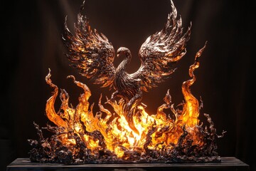 A metal sculpture illustrates a phoenix soaring upward from vibrant orange and yellow flames. The...