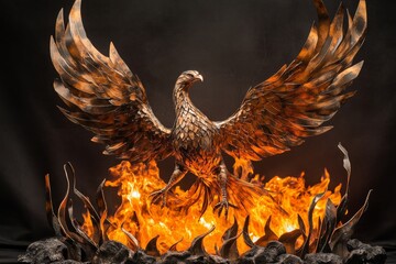 Fototapeta premium The sculpture beautifully depicts a phoenix with outstretched wings, emerging powerfully from flames, highlighting intricate metalwork and fiery colors, creating a captivating focal point