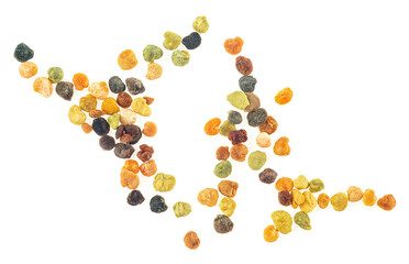 Raw organic honey bee pollen isolated on a white background, top view. Bee bread.