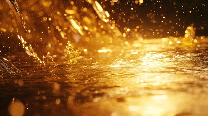 Golden glittering particles flowing over a reflective surface, highly detailed, luxurious and elegant, dynamic and vibrant, magical and beautiful, striking and captivating atmosphere