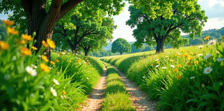 Verde sendero de camino con arbustos y flores, al aire libre, senderos