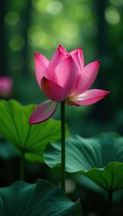 Obraz premium Exotic pink lotus flower in wetland forest surroundings, , flowers, exotic