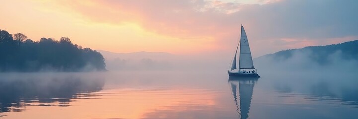 Fototapeta premium misty morning on the lake with a sailboat in the background, sky, sailboat