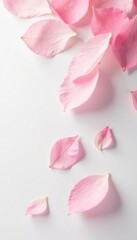 Soft pink petals fall gently on white background, petal drop, fall, delicate