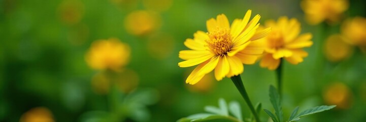 Bright yellow marigold blooms against a green garden background, flowers, nature, garden