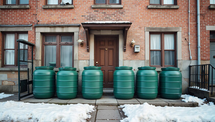 Collection of green rain barrels in urban alley during winter, eco-friendly solution