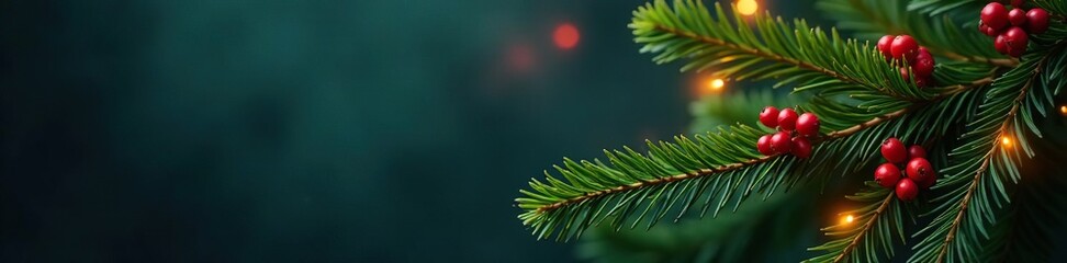 Fototapeta premium Evergreen branch with colorful holiday lights and berries, berry embellishments,