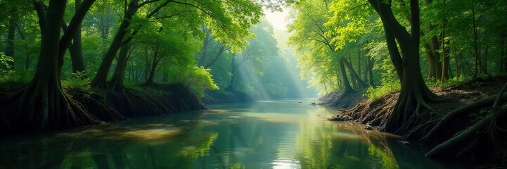 Fototapeta premium Slow-moving river through the mangrove forest, calm, nature