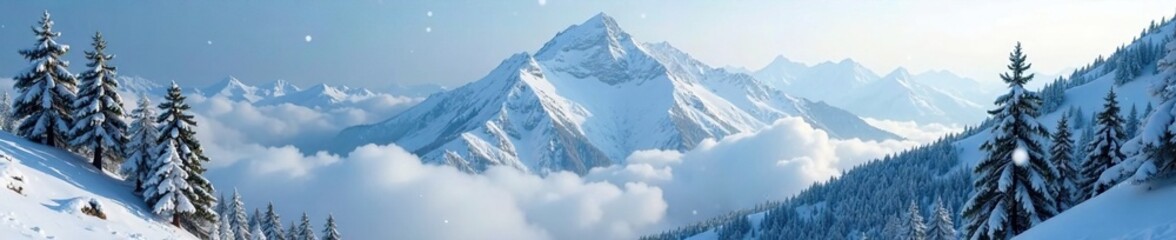 Obraz premium Dense fog wraps around majestic mountains as snowflakes gently fall on the rugged terrain, icy rocks, frosty air, snow-covered trees