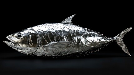 Metallic sculpture of a tuna fish on black background.