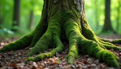 Moss covered roots tangled around ancient tree trunk, nature, forest