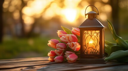 A glowing lantern casts a gentle light beside a bouquet of fresh tulips resting on a wooden surface.