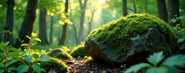 Dappled sunlight filters through moss covered boulder in forest, greenery, , foliage