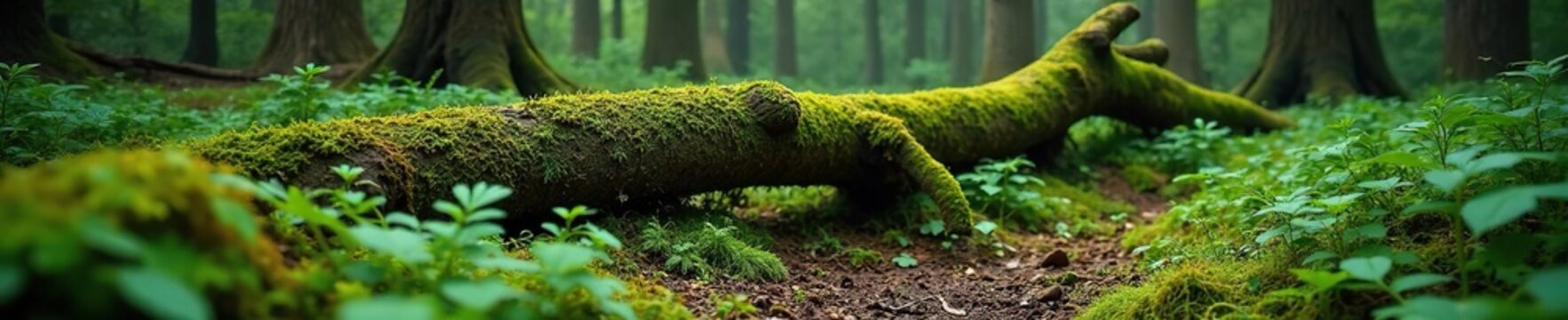 A forest floor scene with a moss-covered fallen tree and ferns, forest floor, trees