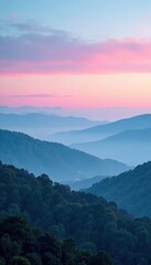 Fototapeta premium A misty evening with a gradient of light blue and pink hues over rolling hills, atmosphere, light blue