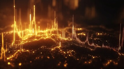 Golden glowing stock market candlestick chart, dark background, detailed financial data visualization, sharp lines, economic trading concept