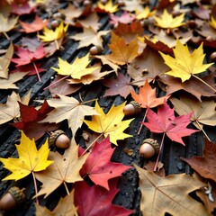 Obraz premium Forest floor covered in fallen leaves and acorns, tree debris, fall colors