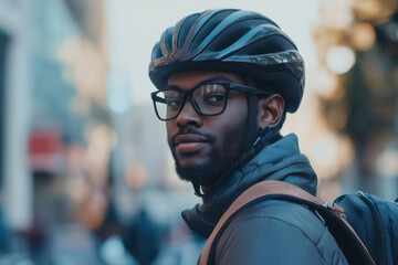 Portrait of a confident young man wearing a bicycle helmet and eyeglasses, showcasing urban commuting style