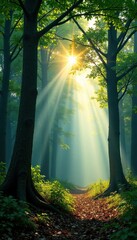Dense foliage of beech trees with sunlight shining through the mist, branch, forest
