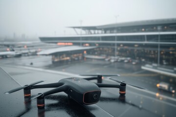 A sleek drone poised on a misty rooftop overlooking a busy modern airport, suggesting innovation and technological advancements.