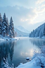 Fototapeta premium Frozen lake landscape with snow-covered trees, serene, lake, cold