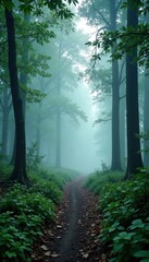 Naklejka premium A calm and quiet forest with a misty atmosphere, environment, stillness, mist