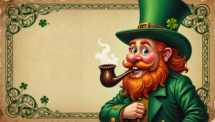 Cheerful leprechaun with a pipe and green outfit against a vintage background, St. Patrick's Day poster concept