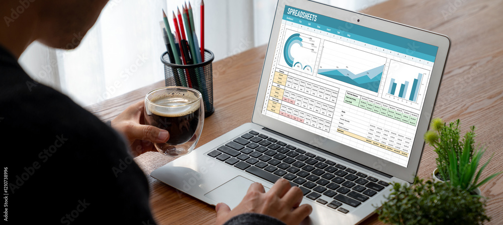Poster spreadsheet document information financial startup concept. data and graphs in spreadsheet documents