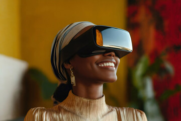 Happy businesswoman is using vr headset in modern office, exploring augmented reality, smiling