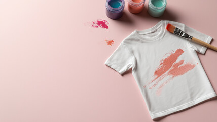 A flat lay showcasing a white t-shirt with paint splatters, paints, and a brush on a pink background. The image suggests DIY fashion or art